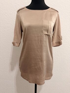 Benetton Beige Satin & Cotton Blouse | Mixed Fabric Pocket Top Minimalist Chic